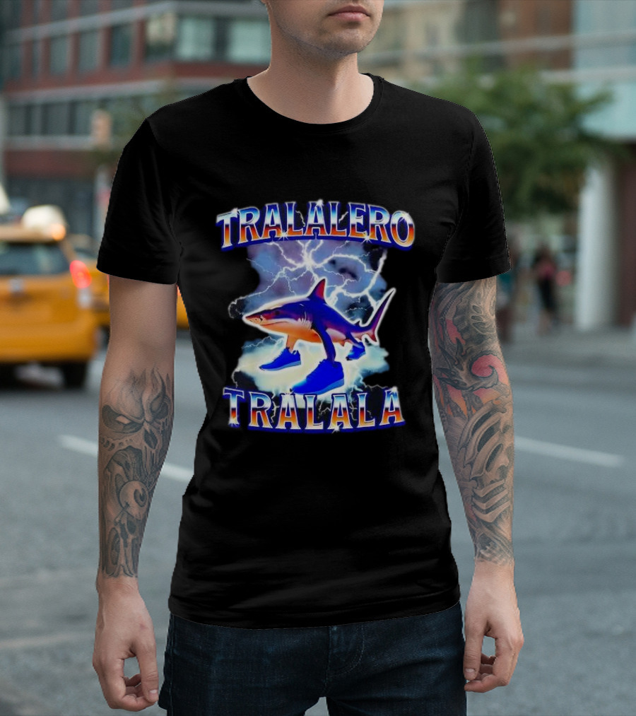 TRALALERO TRALALA Shark with Sneakers Lightning Background T-Shirt