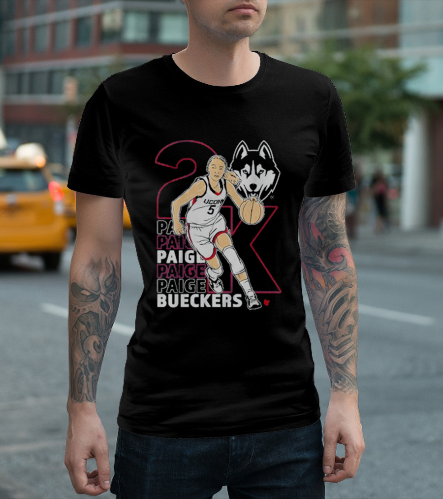 UConn Basketball Paige Bueckers 2K Athlete Silhouette and Husky Mascot T-Shirt