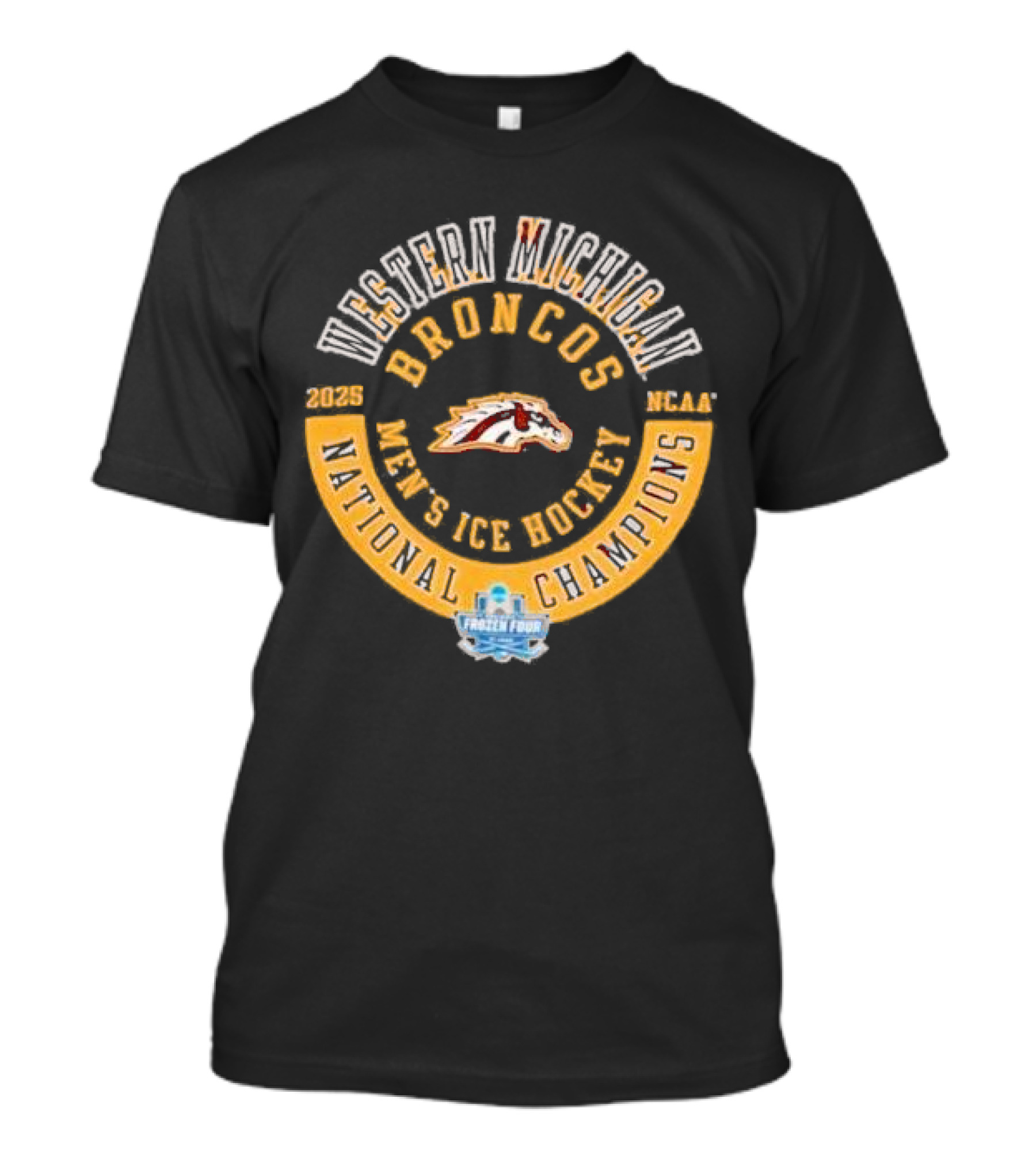 Western Michigan Broncos 2025 Men's Ice Hockey National Champions Frozen Four Circle T-Shirt