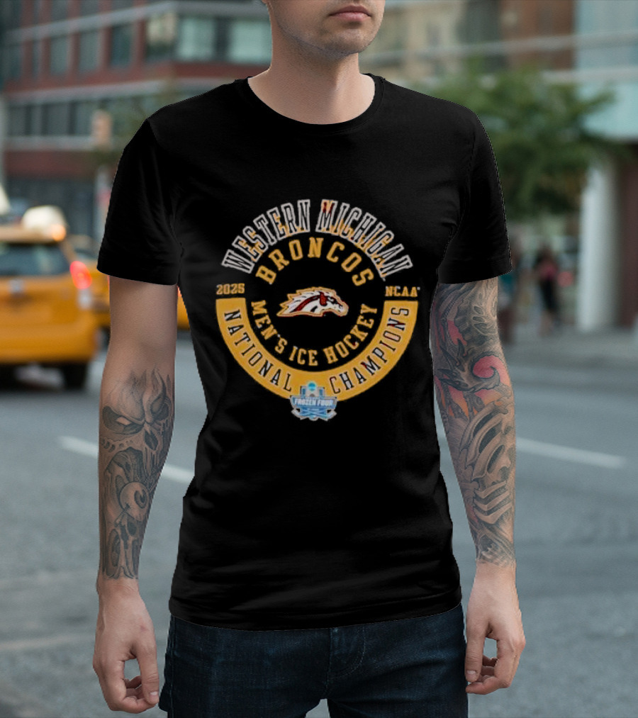 Western Michigan Broncos 2025 Men's Ice Hockey National Champions Frozen Four Circle T-Shirt