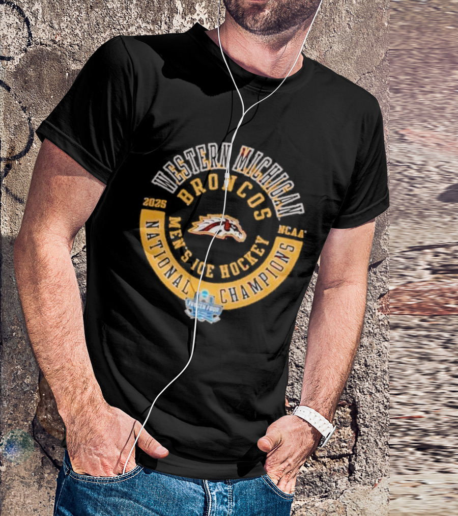Western Michigan Broncos 2025 Men's Ice Hockey National Champions Frozen Four Circle T-Shirt