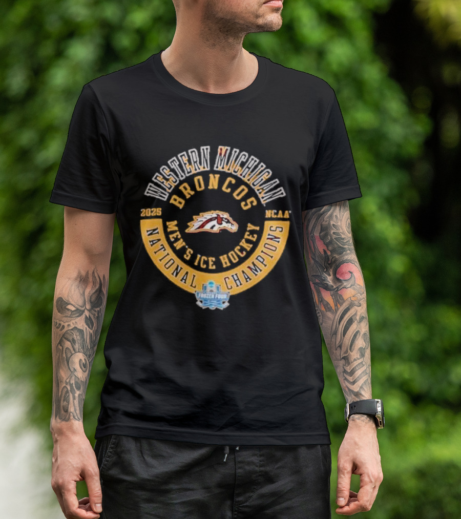 Western Michigan Broncos 2025 Men's Ice Hockey National Champions Frozen Four Circle T-Shirt