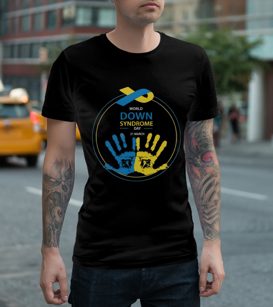 World Down Syndrome Day 21 March Blue Yellow Handprint Ribbon T-Shirt