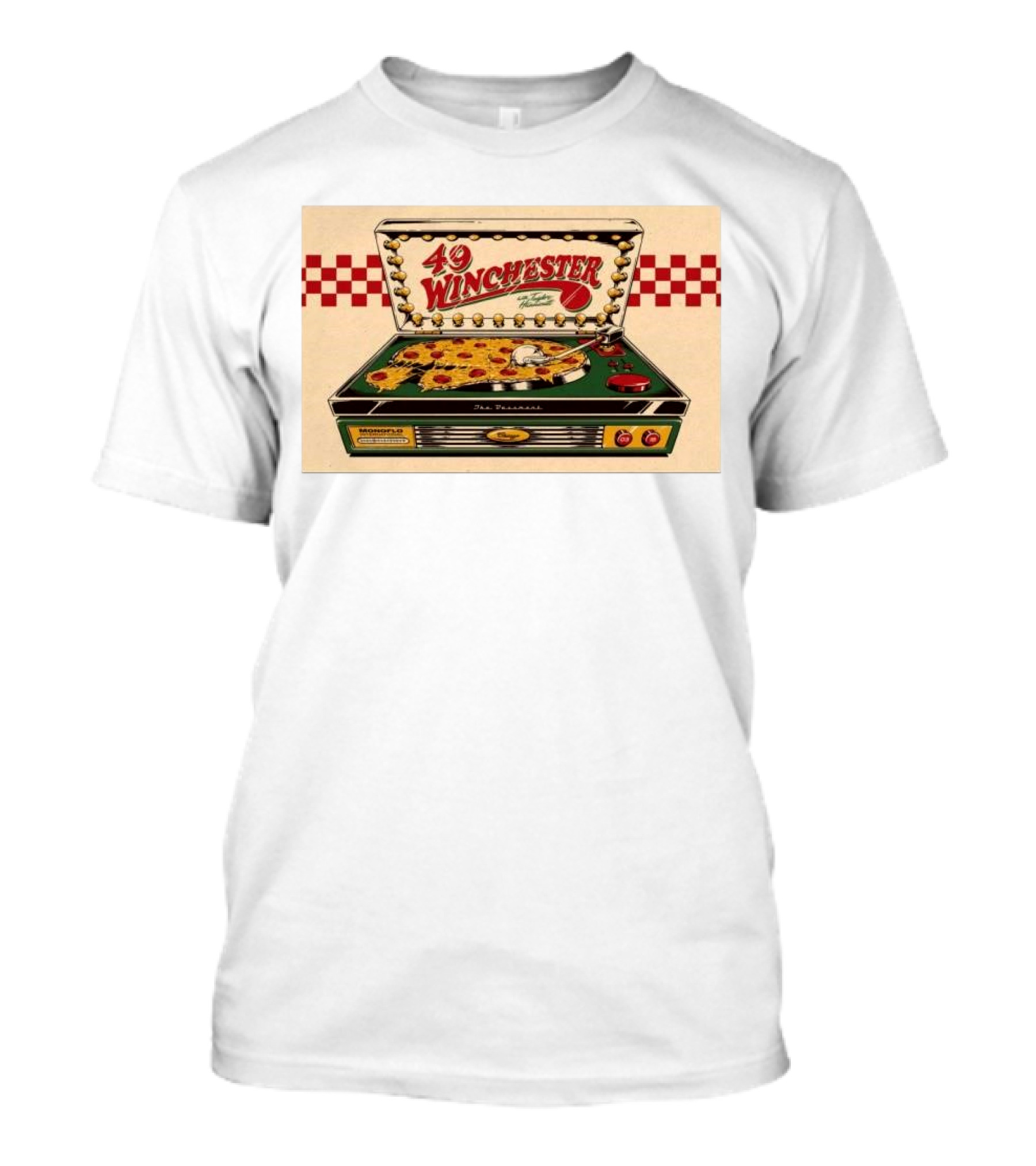 49 Winchester Mar 18 2025 The Bassment Chicago Show Vintage Record Player Sunflower Pizza Art T-Shirt