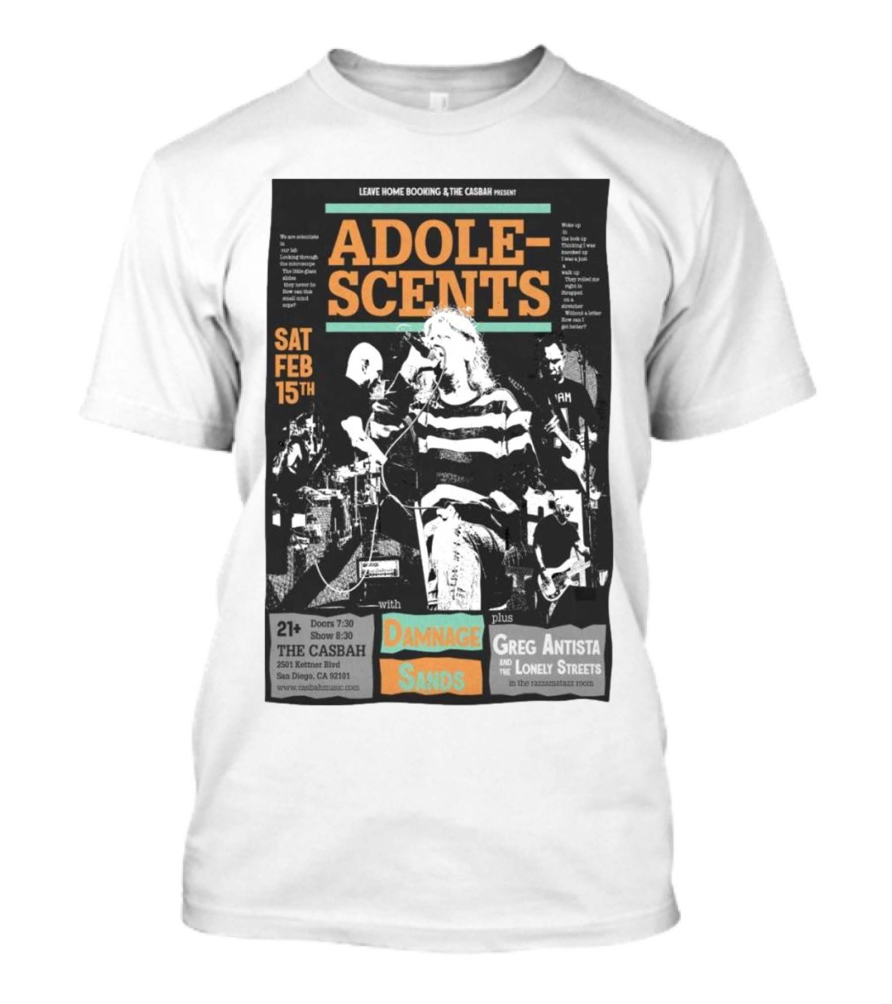 ADOLESCENTS San Diego The Casbah Feb 15th With Dannage Sands Greg Antista And The Lonely Streets T-Shirt
