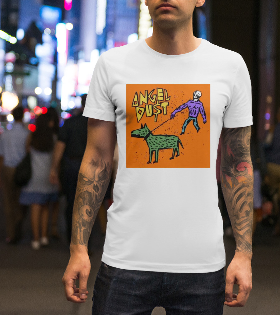 ANGEL DU$T Walking Skeleton With Green Dog Art T-Shirt