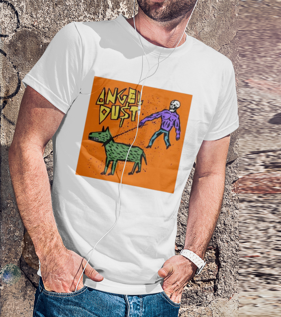 ANGEL DU$T Walking Skeleton With Green Dog Art T-Shirt