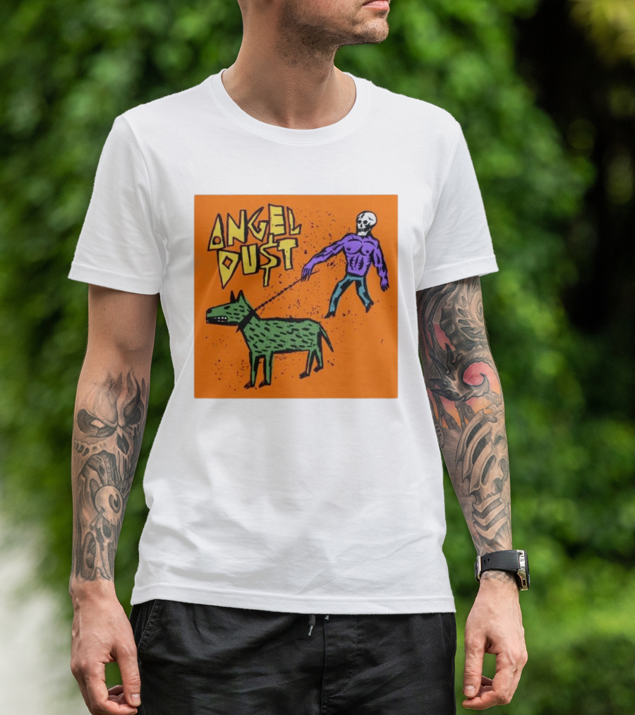 ANGEL DU$T Walking Skeleton With Green Dog Art T-Shirt