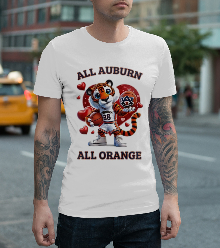 All Auburn All Orange Auburn Tigers Basketball Mascot Hearts T-Shirt