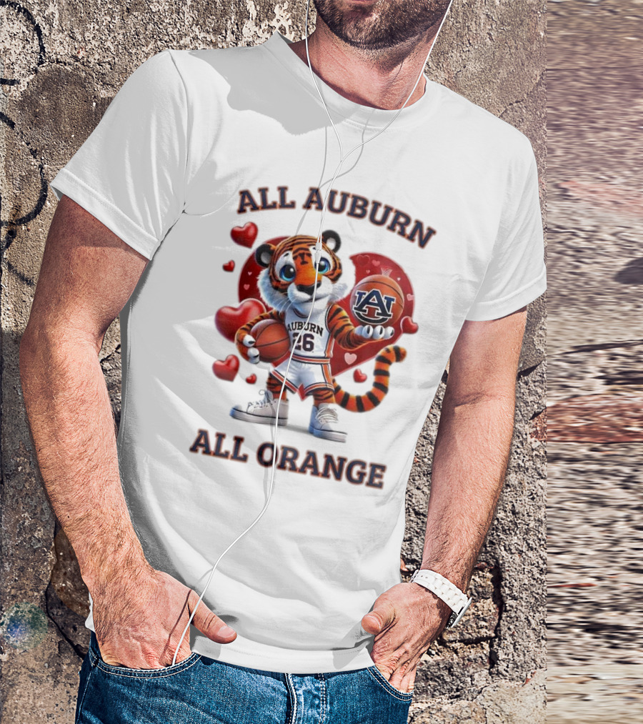 All Auburn All Orange Auburn Tigers Basketball Mascot Hearts T-Shirt