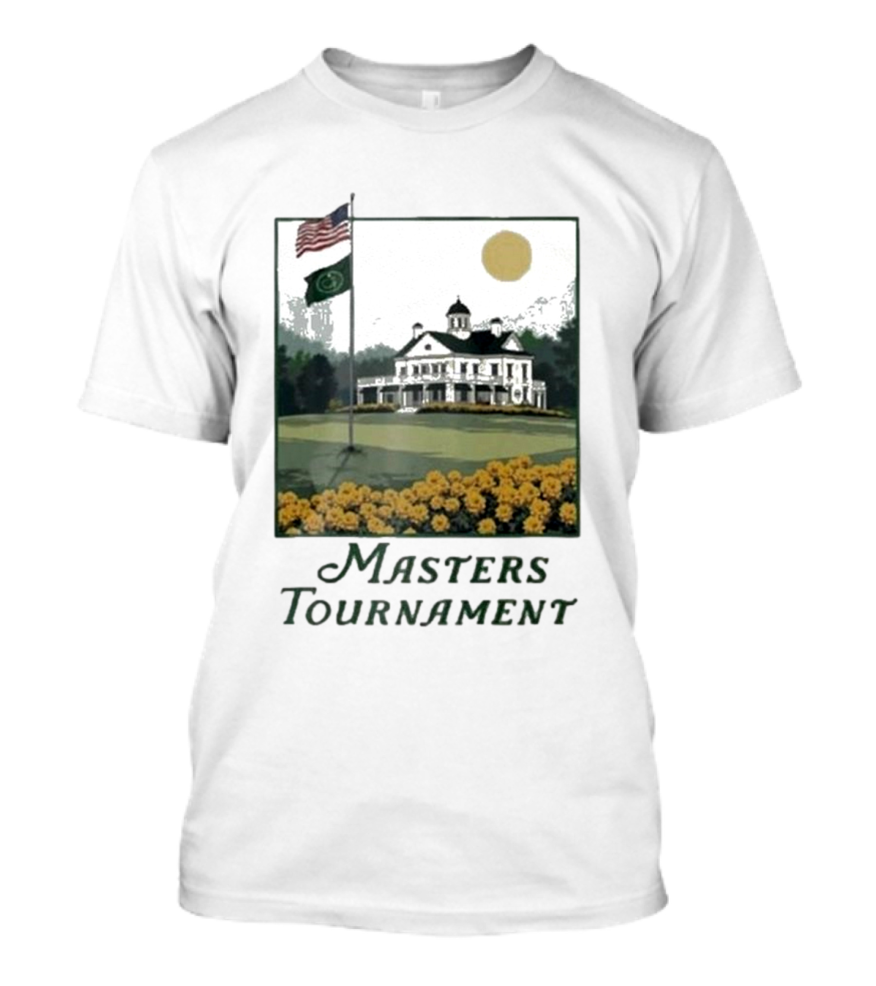 Masters Tournament Augusta 2025 Iconic Clubhouse American And Tournament Flags With Yellow Flowers T-Shirt