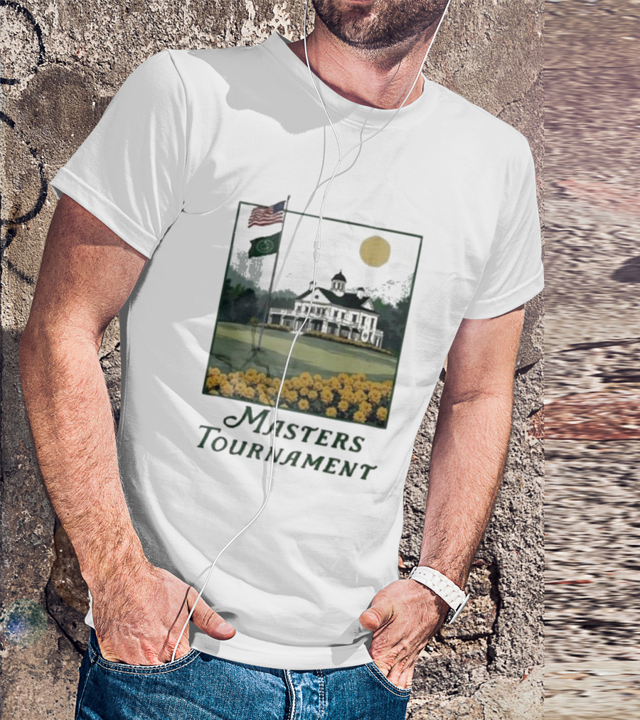 Masters Tournament Augusta 2025 Iconic Clubhouse American And Tournament Flags With Yellow Flowers T-Shirt