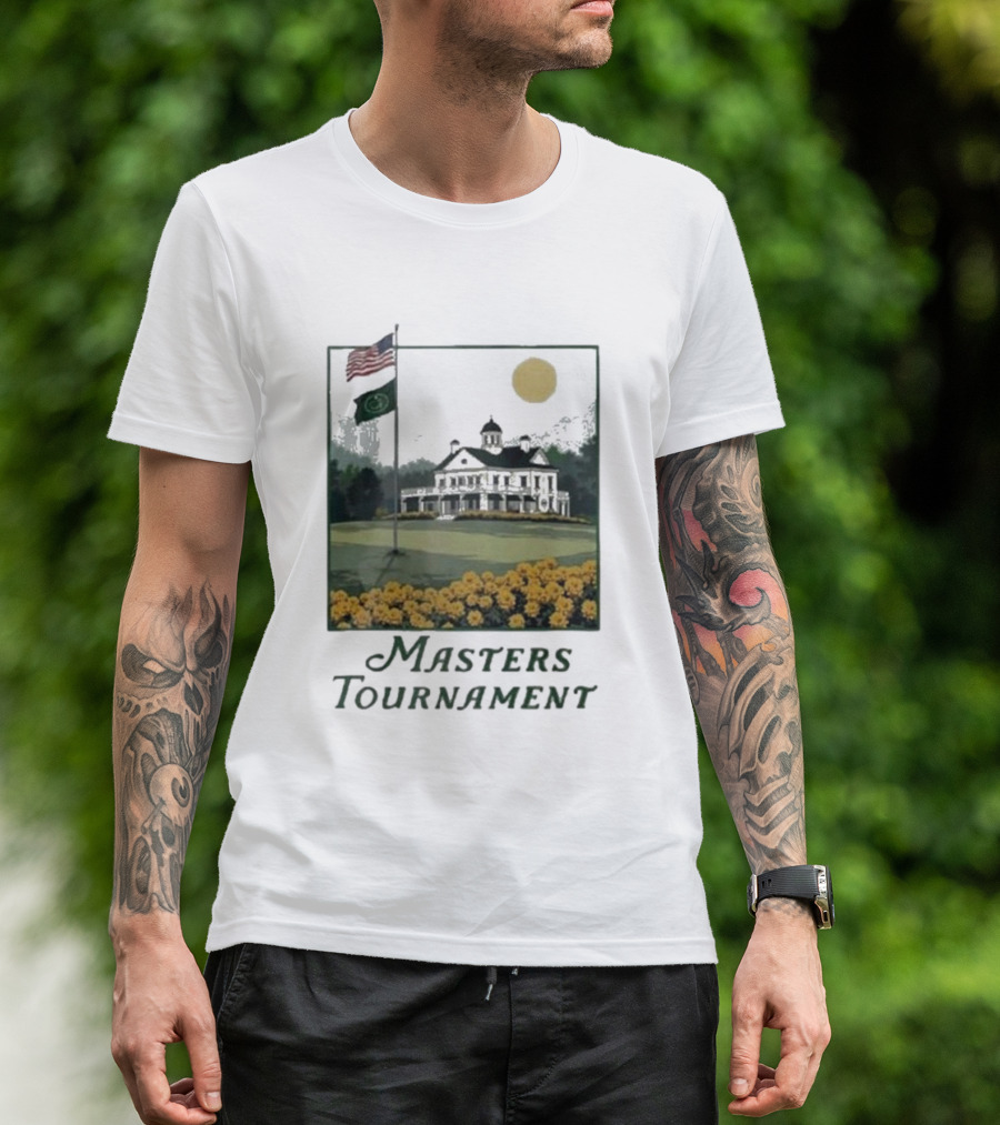 Masters Tournament Augusta 2025 Iconic Clubhouse American And Tournament Flags With Yellow Flowers T-Shirt