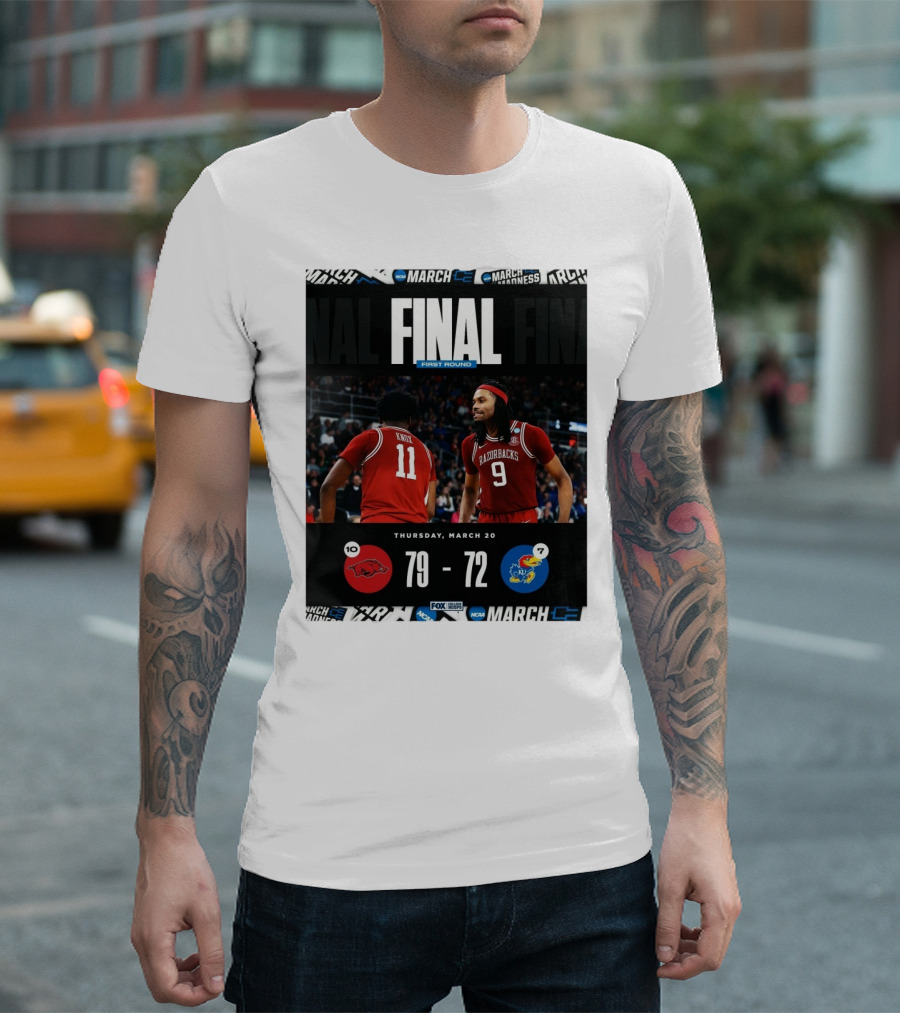 Arkansas Razorbacks Vs Kansas Jayhawks NCAA First Round Final Score 79-72 Thursday March 20 T-Shirt
