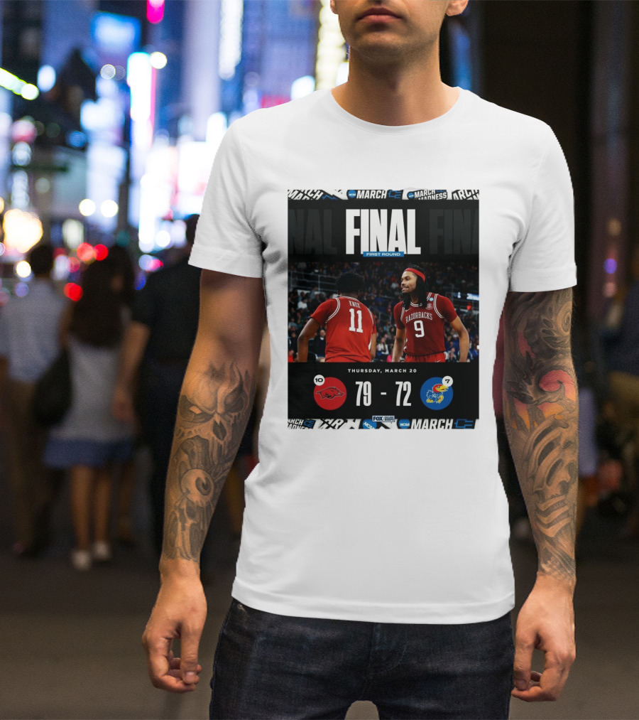 Arkansas Razorbacks Vs Kansas Jayhawks NCAA First Round Final Score 79-72 Thursday March 20 T-Shirt