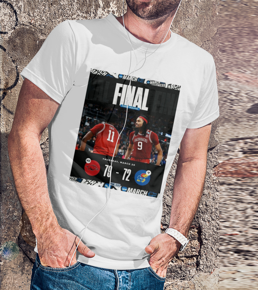 Arkansas Razorbacks Vs Kansas Jayhawks NCAA First Round Final Score 79-72 Thursday March 20 T-Shirt