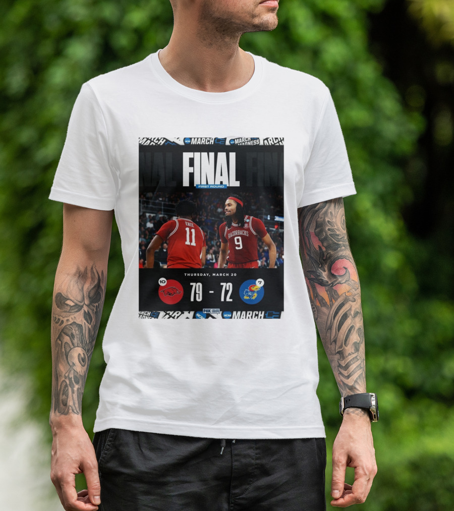 Arkansas Razorbacks Vs Kansas Jayhawks NCAA First Round Final Score 79-72 Thursday March 20 T-Shirt