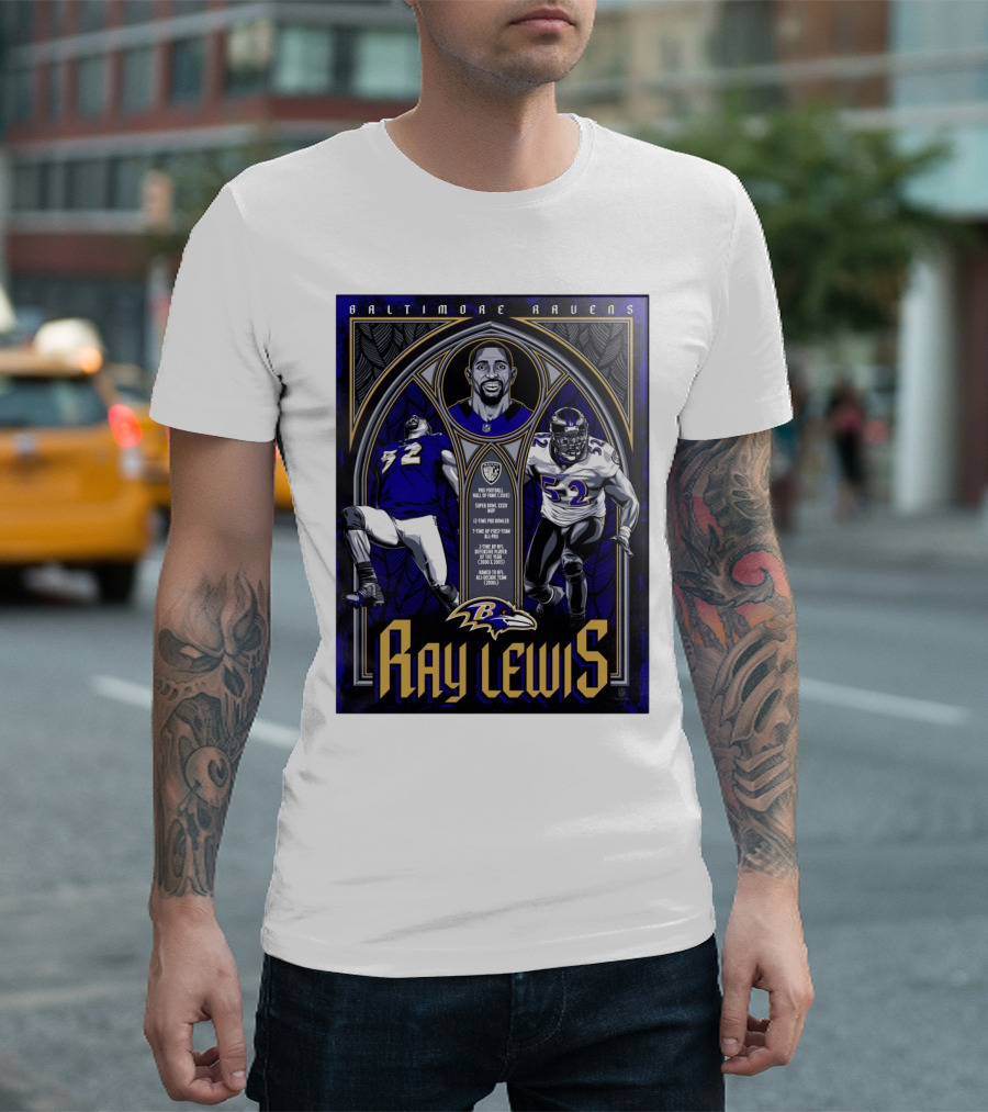Baltimore Ravens Ray Lewis Pro Football Hall Of Fame Super Bowl XXXV MVP 12-Time Pro Bowler 7-Time First Team All-Pro NFL Defensive Player Of The Year T-Shirt