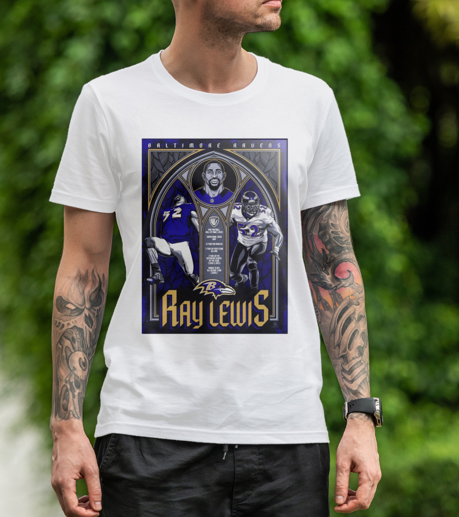 Baltimore Ravens Ray Lewis Pro Football Hall Of Fame Super Bowl XXXV MVP 12-Time Pro Bowler 7-Time First Team All-Pro NFL Defensive Player Of The Year T-Shirt