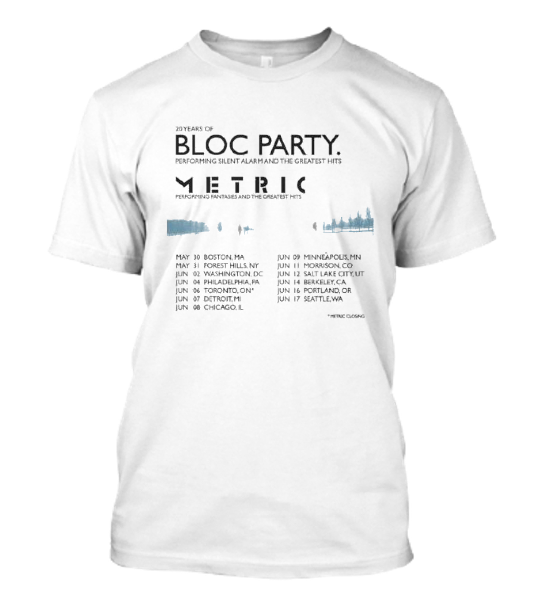 20 Years Of Bloc Party Silent Alarm Tour 2025 Featuring Metric North America Dates And Cities T-Shirt