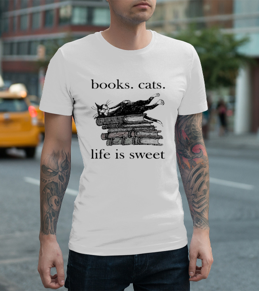 Books Cats Life Is Sweet Relaxing Cat on Stacked Books with Coffee Cup T-Shirt