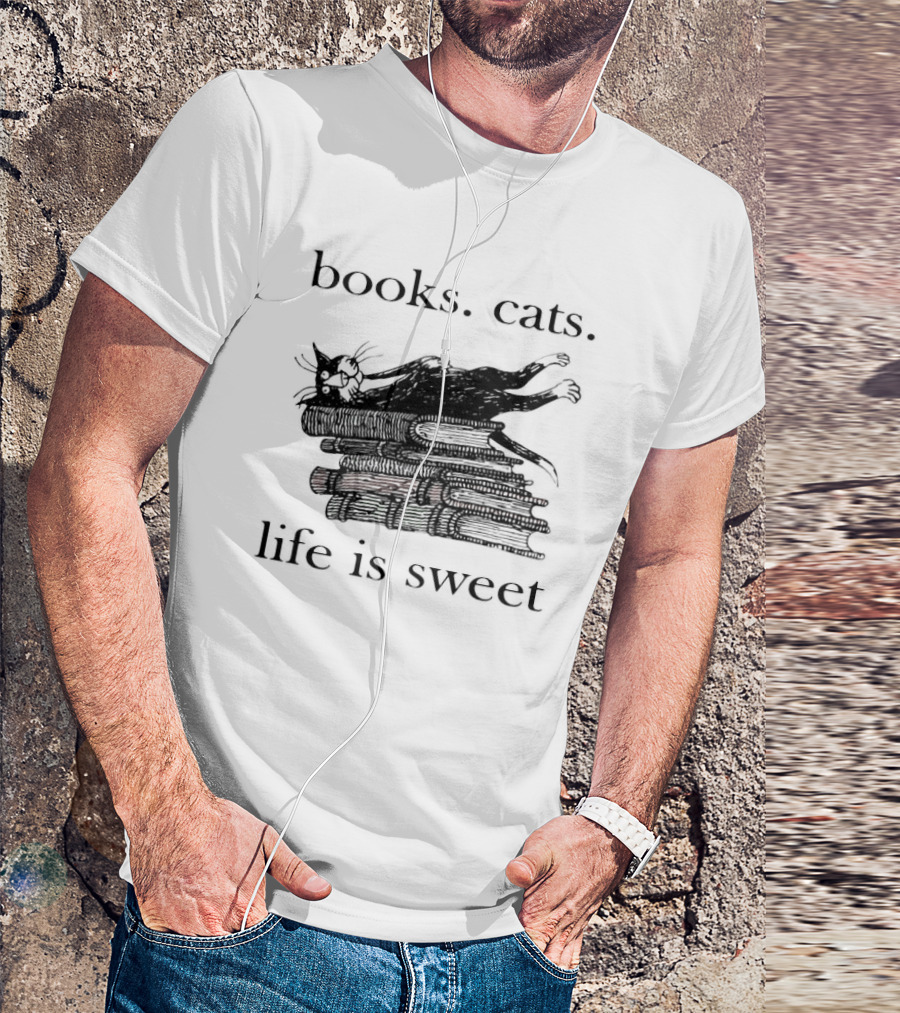 Books Cats Life Is Sweet Relaxing Cat On Stacked Books With Coffee Cup T-Shirt