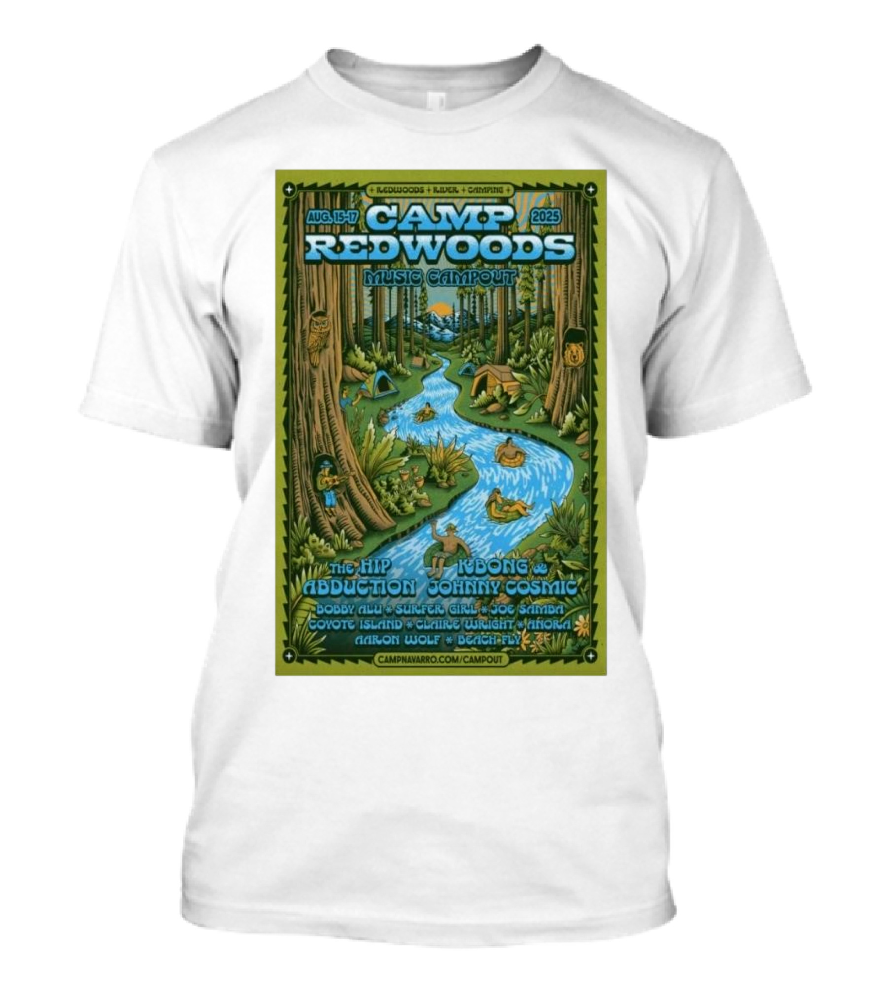Camp Redwoods Music Campout Aug 15-17 2025 The Hip Abduction KBong Johnny Cosmic T-Shirt