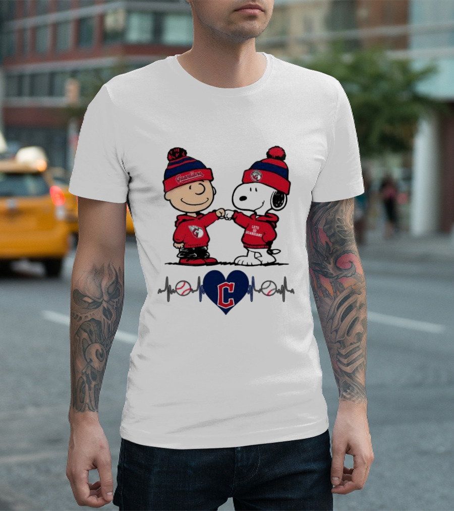 Charlie Brown Snoopy Cleveland Guardians Heartbeat Guardians Cap and T-Shirt