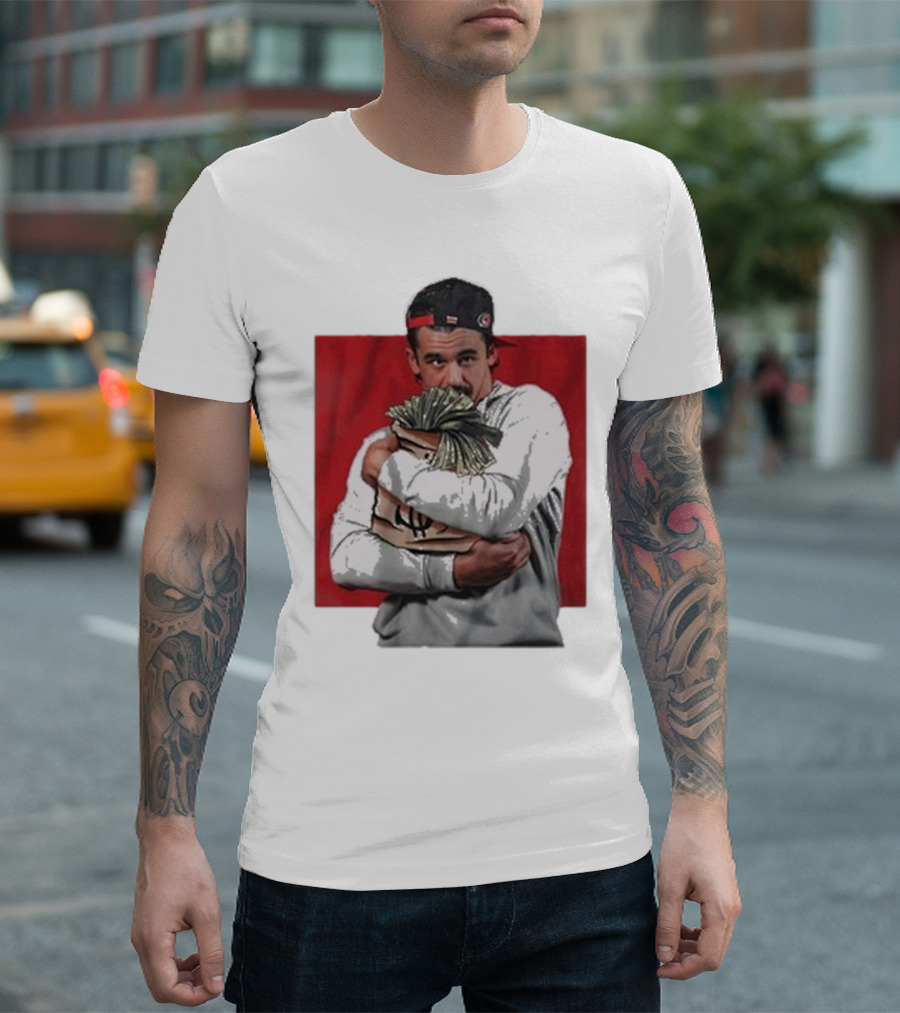 Carolina Hurricanes Seth Jarvis Hugging Money Bag Illustration with Backwards Cap T-Shirt