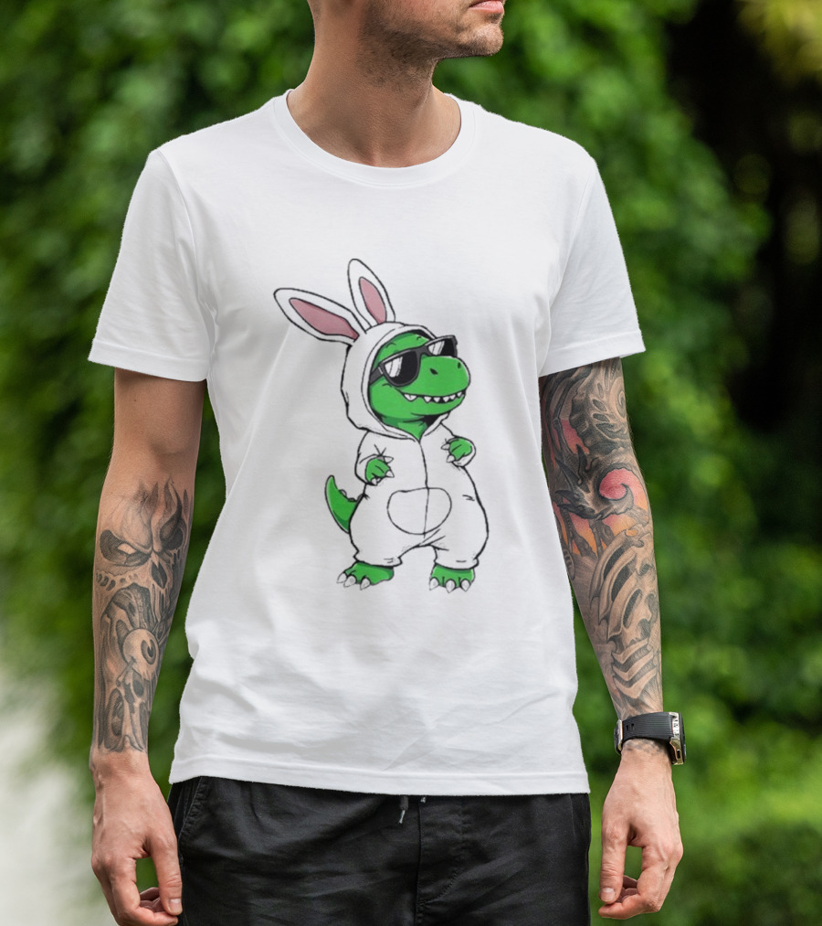 Cool Dino Wearing Easter Bunny Rabbit Costume With Sunglasses T-Shirt