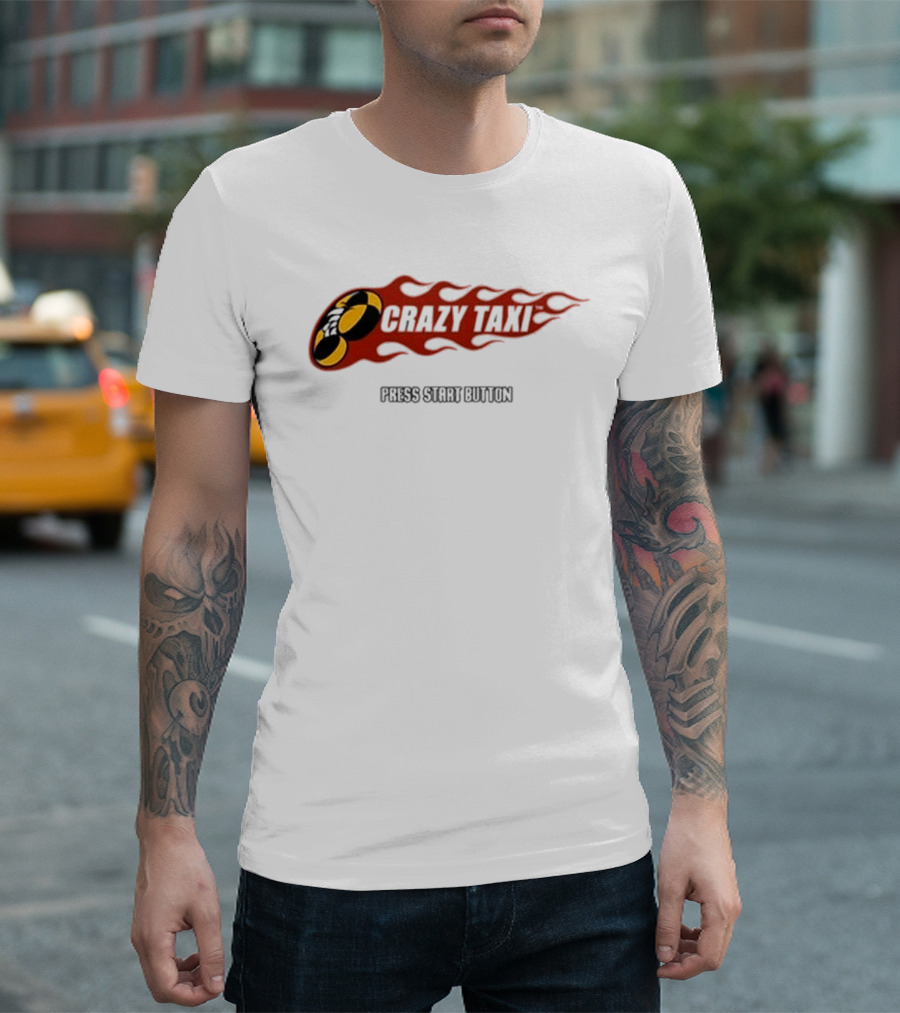 Crazy Taxi Press Start Button Iconic Video Game Flames Graphic T-Shirt