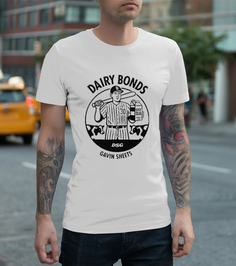 Dairy Bonds Gavin Sheets Baseball Cartoon with Bat and Milk Jug T-Shirt