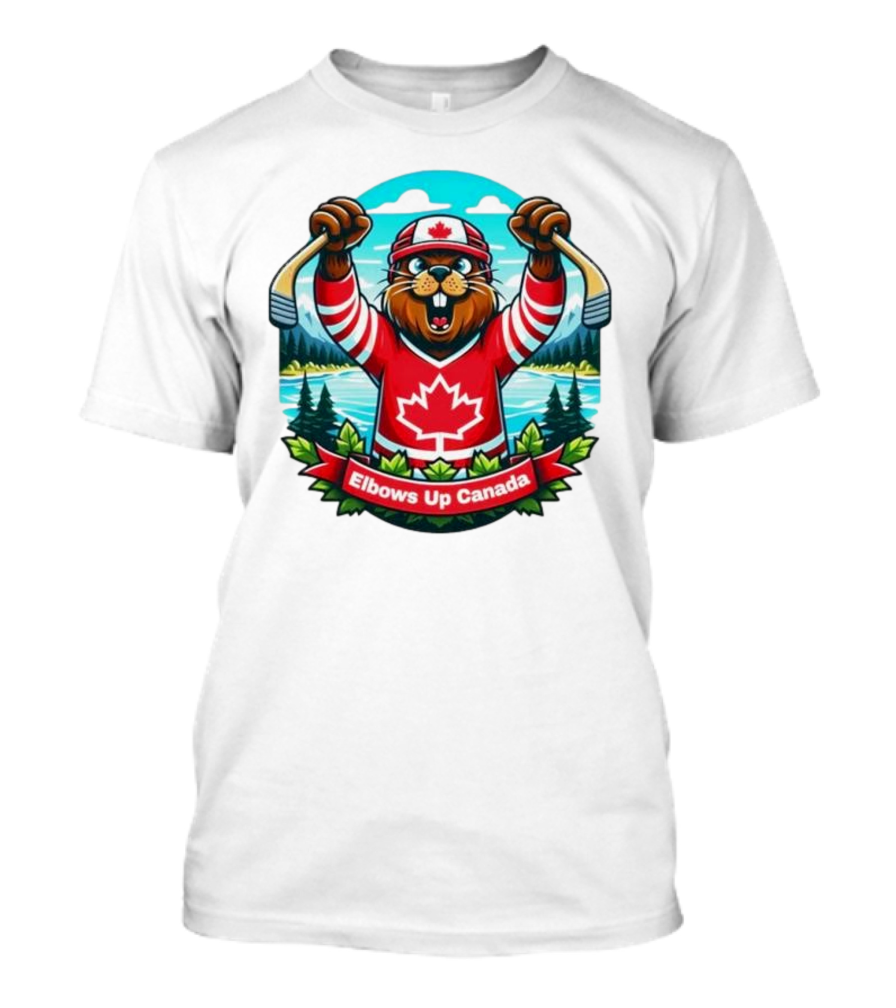 Elbows Up Canada Beaver Mascot Hockey Celebration Canadian Maple Leaf Forest T-Shirt