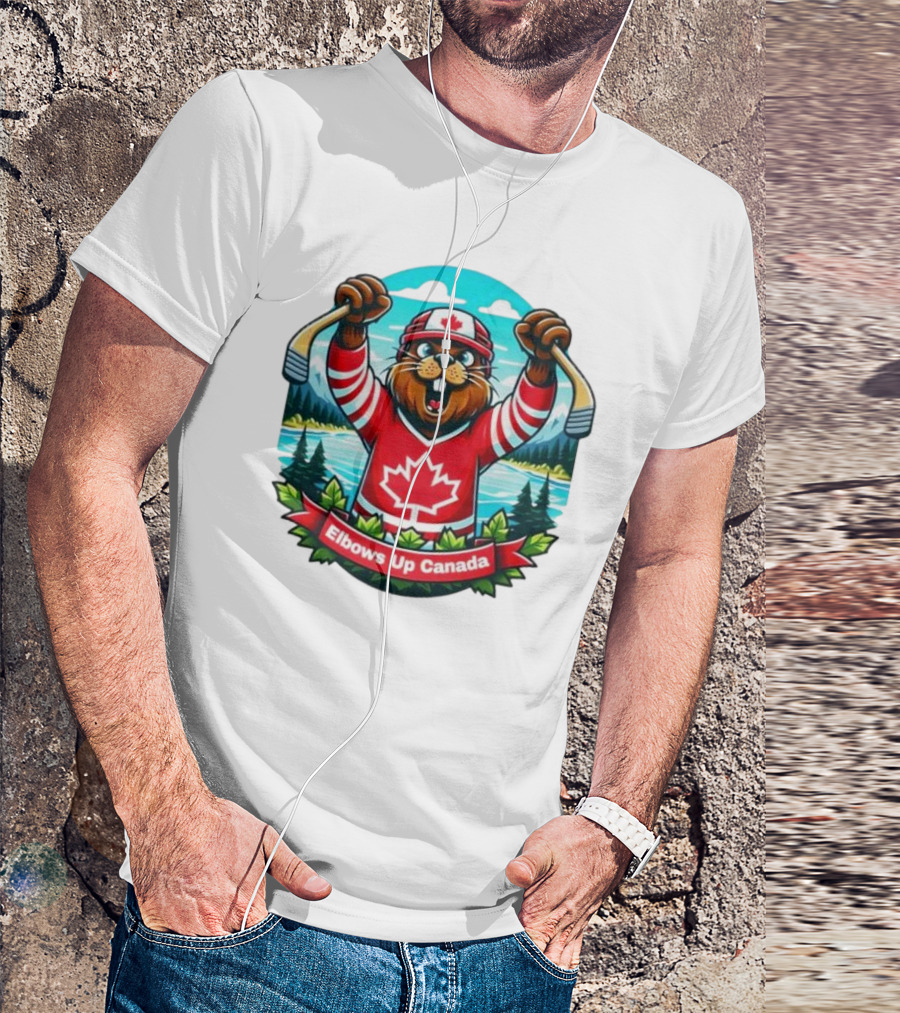 Elbows Up Canada Beaver Mascot Hockey Celebration Canadian Maple Leaf Forest T-Shirt