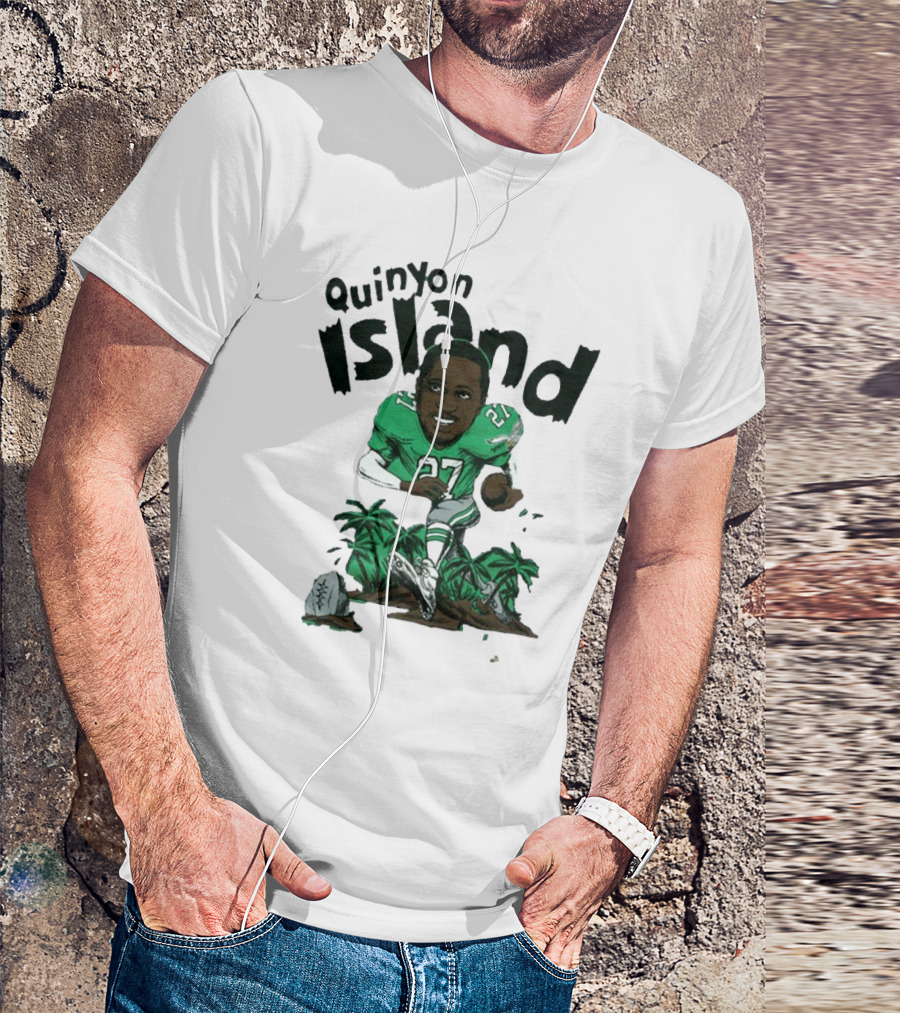 Quinyon Island Eagle 27 Football Player Running With Palm Trees And Rocks T-Shirt