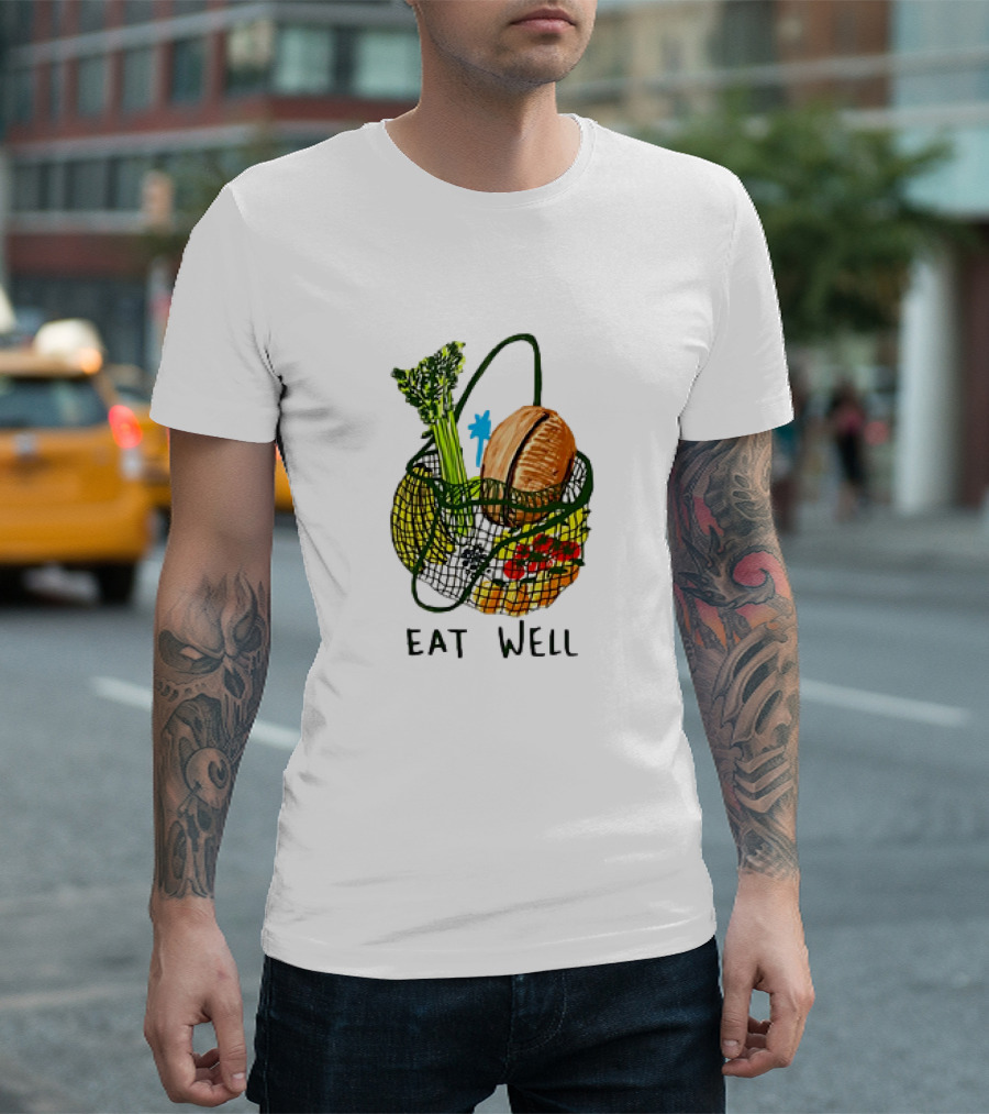 Eat Well Groceries in Mesh Bag with Baguette Broccoli Tomato T-Shirt