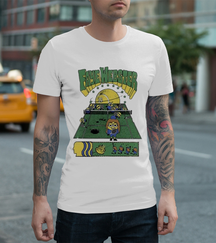 Faye Webster Brain Dead Tennis Court Scene with Yellow Characters and Sports Imagery T-Shirt