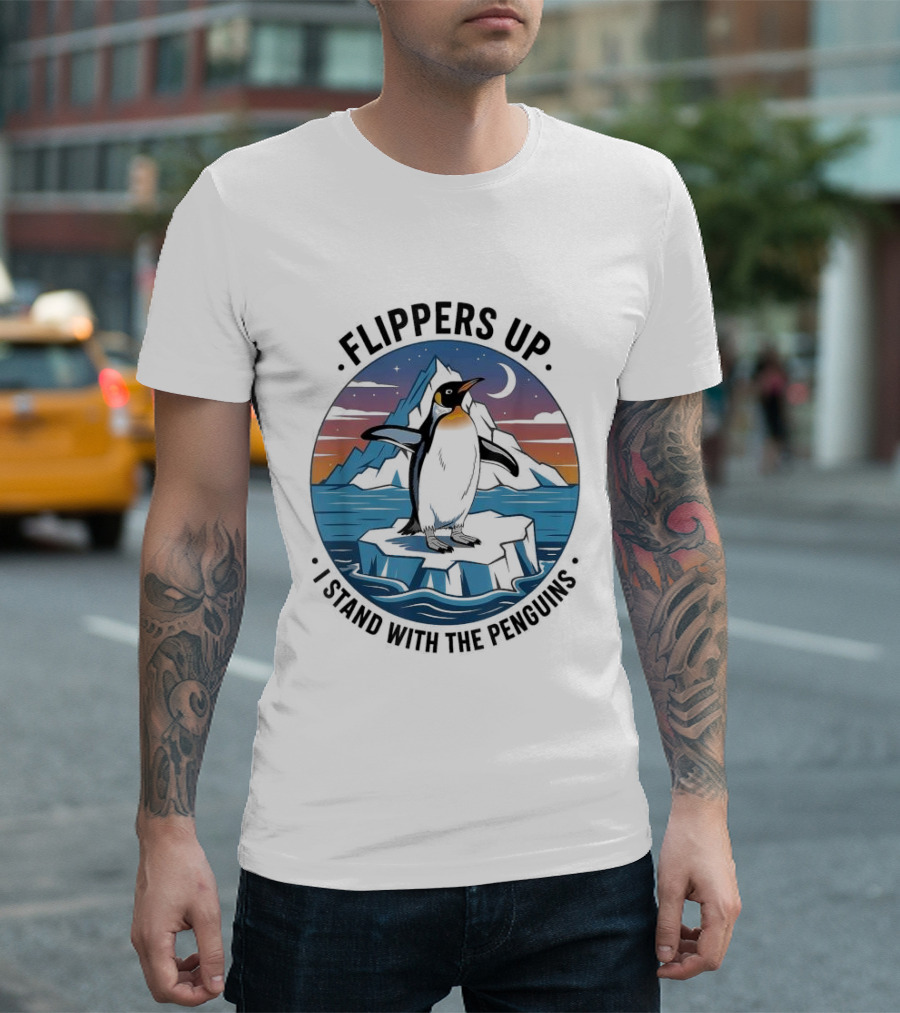 Flippers Up I Stand with the Penguins Iceberg Sunset Scene T-Shirt