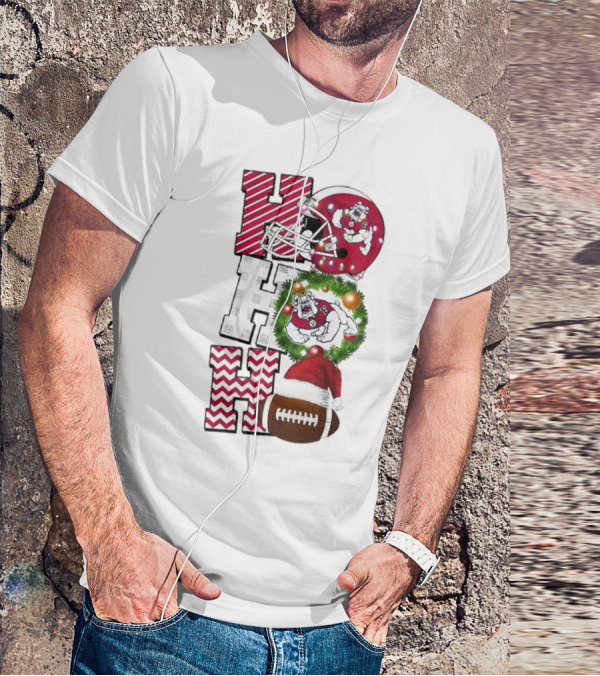 Fresno State Bulldogs Football Christmas Helmet Wreath Santa Hat Rugby T-Shirt