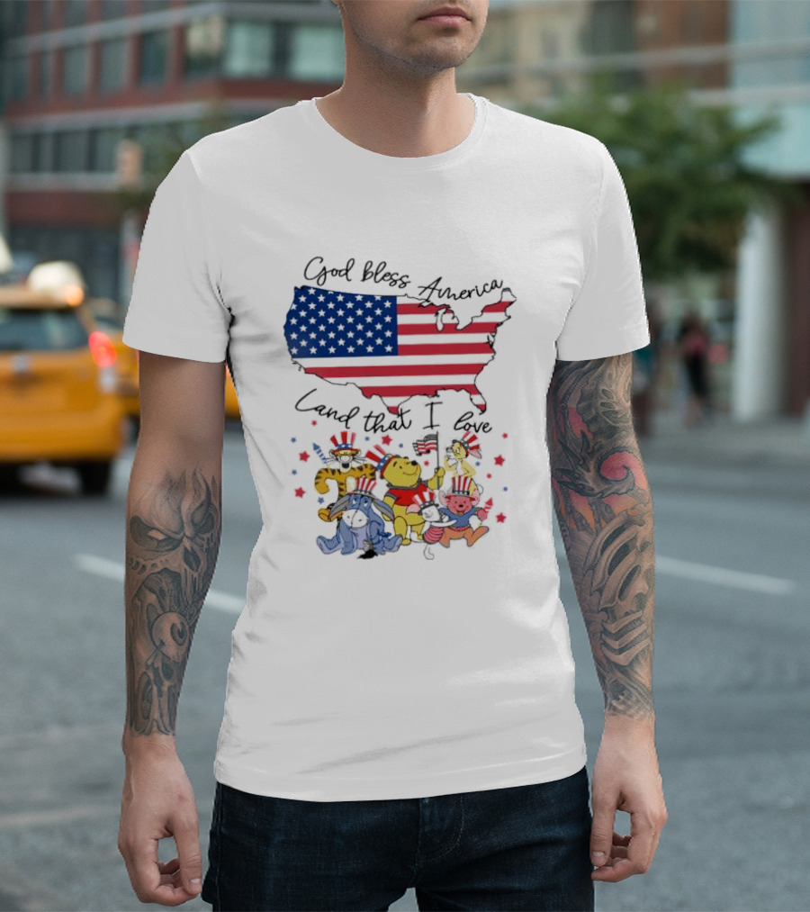 God Bless America Land That I Love Winnie The Pooh USA Flag T-Shirt