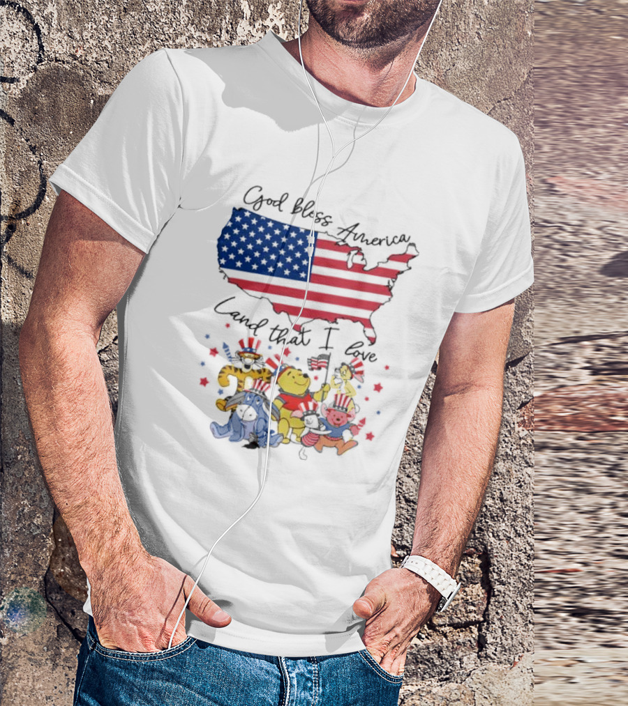 God Bless America Land That I Love Winnie The Pooh USA Flag T-Shirt