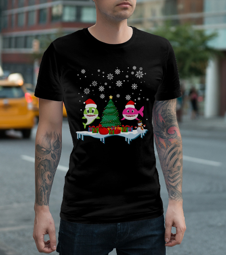 Baby Shark Merry Christmas Tree Snowflakes Santa Hats Gifts T-Shirt
