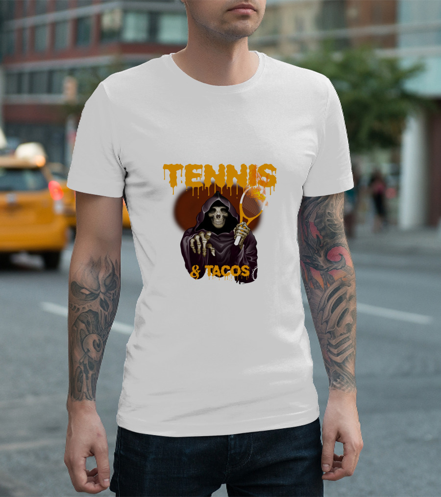 Tennis And Tacos Grim Reaper With Tennis Racket T-Shirt