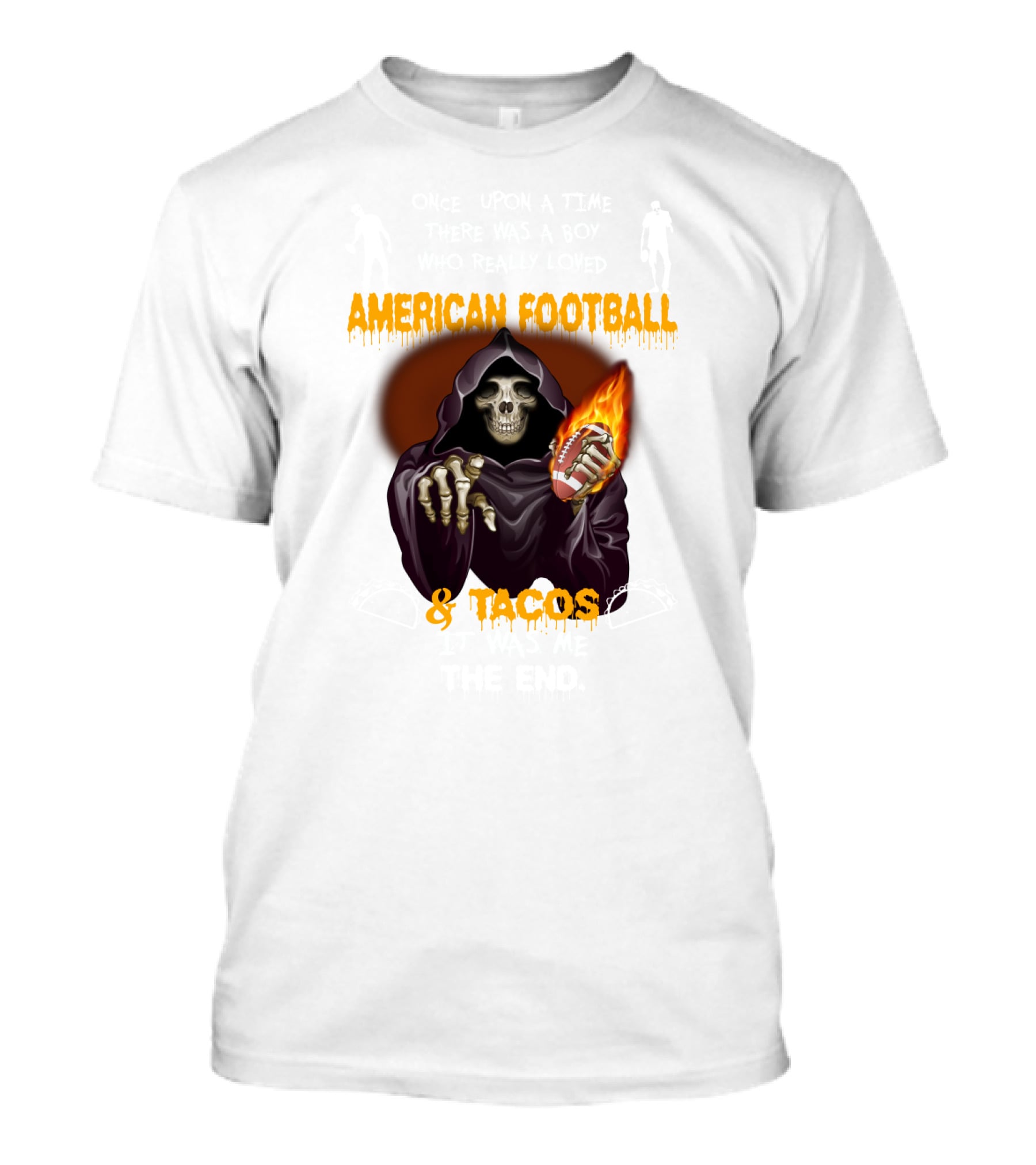 American Football And Tacos Skeleton Holding Flaming Football T-Shirt