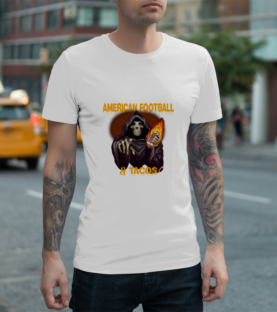 American Football and Tacos Skeleton Holding Flaming Football T-Shirt
