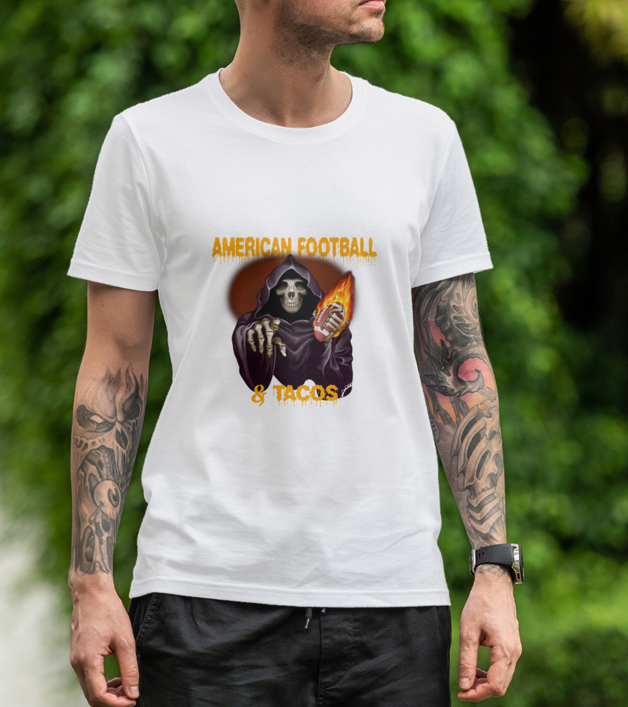 American Football And Tacos Skeleton Holding Flaming Football T-Shirt