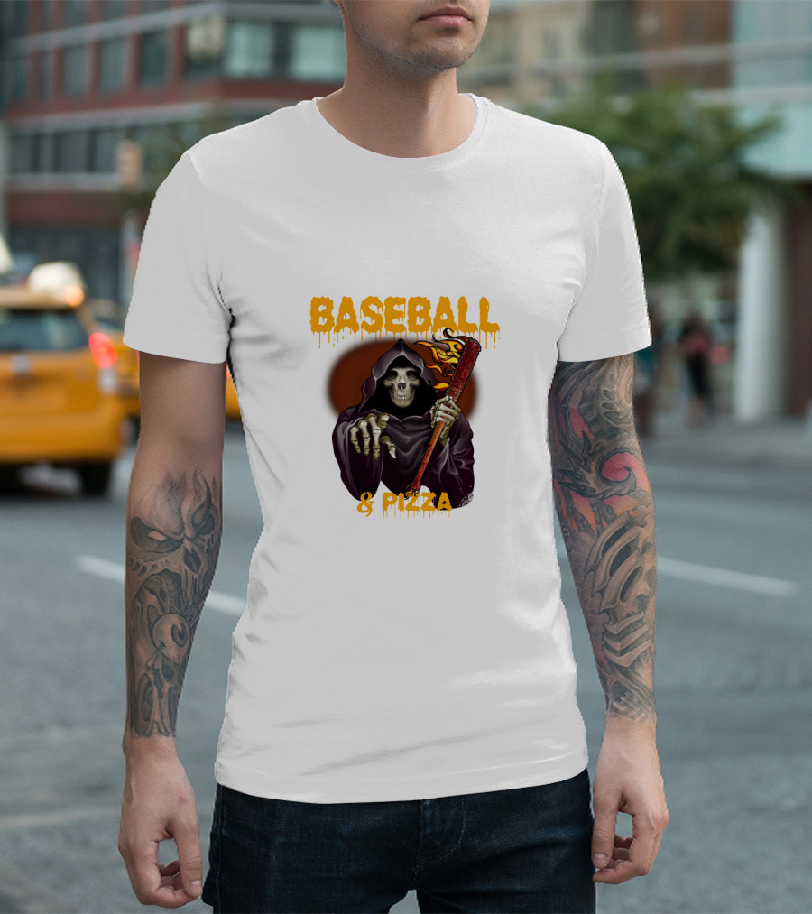 Grim Reaper with Flaming Baseball Bat Celebrates Baseball and Pizza T-Shirt