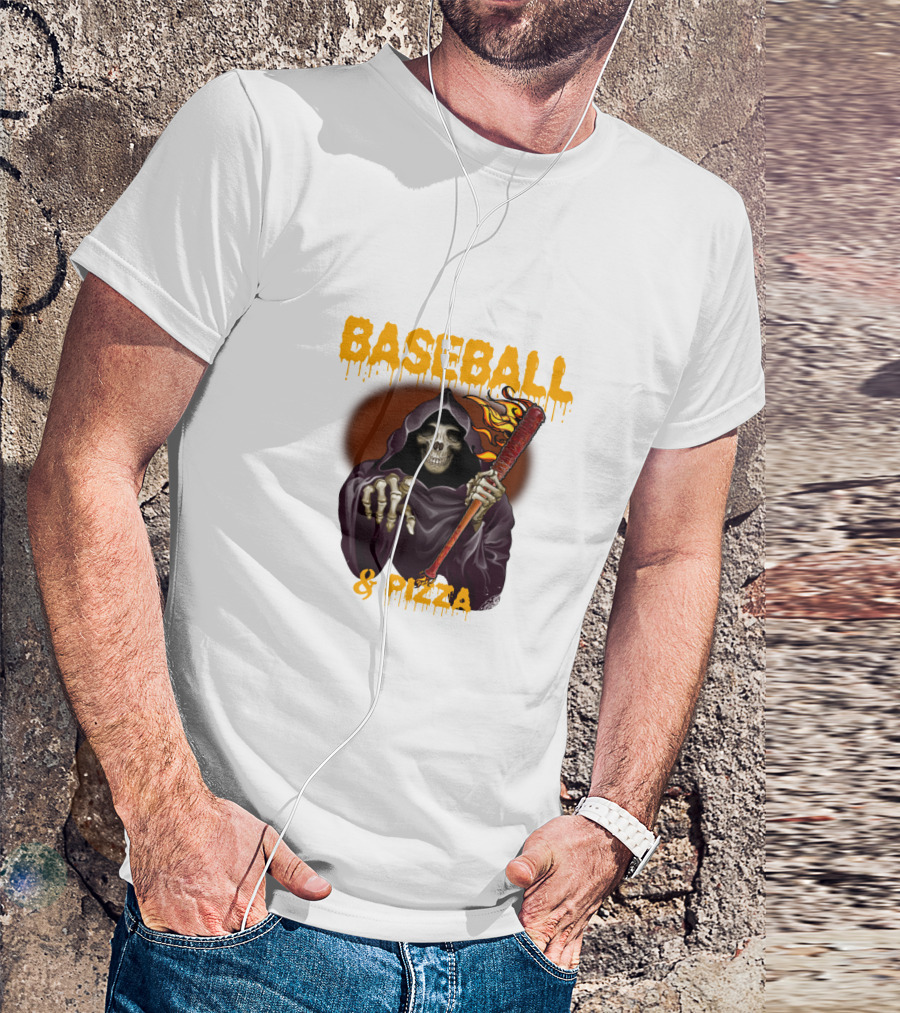 Grim Reaper With Flaming Baseball Bat Celebrates Baseball And Pizza T-Shirt