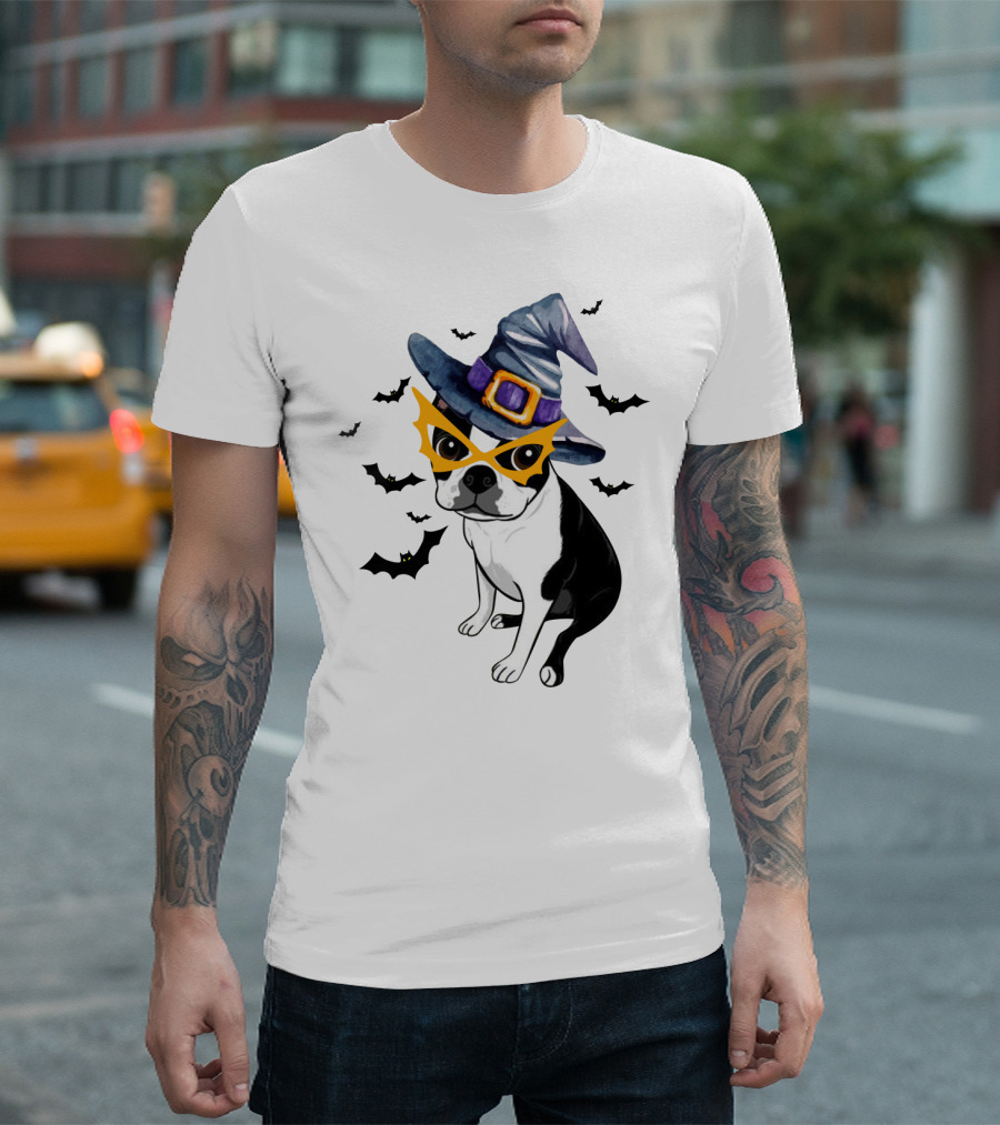 Boston Terrier Wears Witch Hat And Mask With Bats T-Shirt