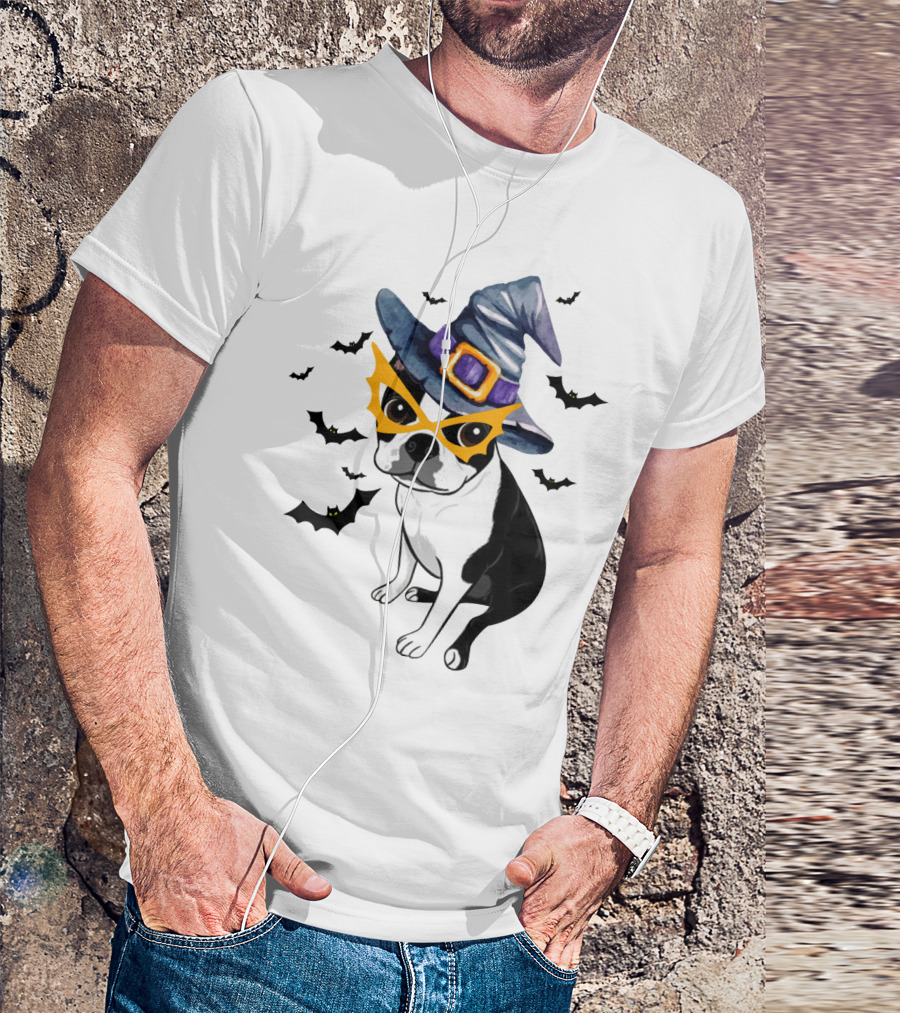Boston Terrier Wears Witch Hat And Mask With Bats T-Shirt